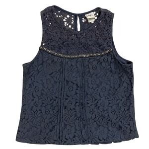 Daytrip Blue Crochet Floral‎ Lace Mock Neck Bling Tank Top Women's Size Large